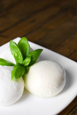 lezzetli mozzarella peyniri Fesleğenli ahşap zemin üzerinde plaka üzerinde