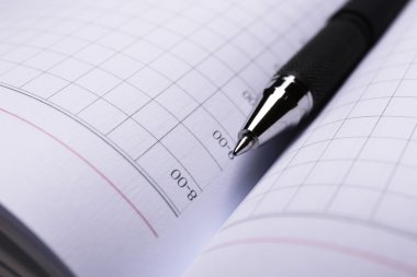 Açık kitap kalem, yakın çekim