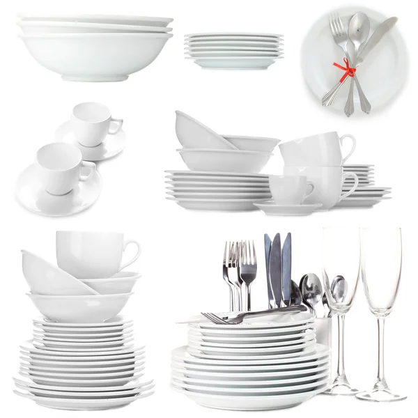 孤立的白色衬底上的白色餐具的拼贴画 — 图库照片