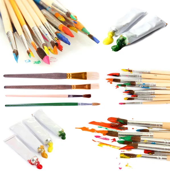 Collage of paint brushes with acrylic paint in tubes isolated on white — Stock Photo, Image