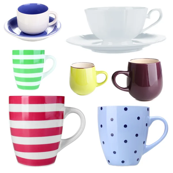 Collage van kleurrijke cups geïsoleerd op wit — Stockfoto