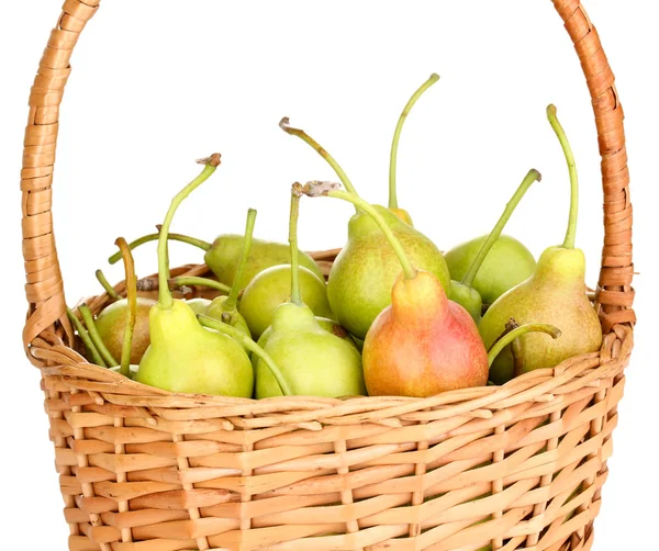 Ripe pears in basket isolated on whit — Stock Photo, Image