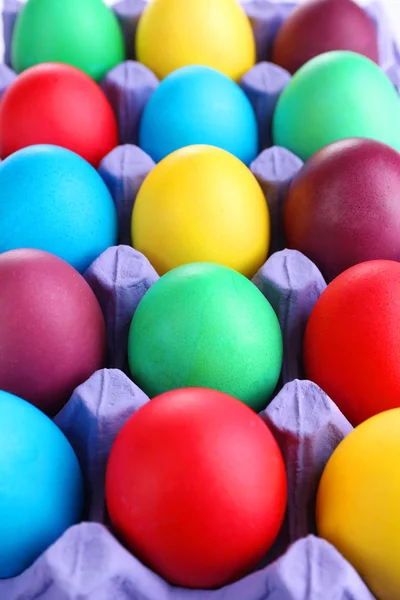 Colorful Easter eggs in tray close up — Stock Photo, Image
