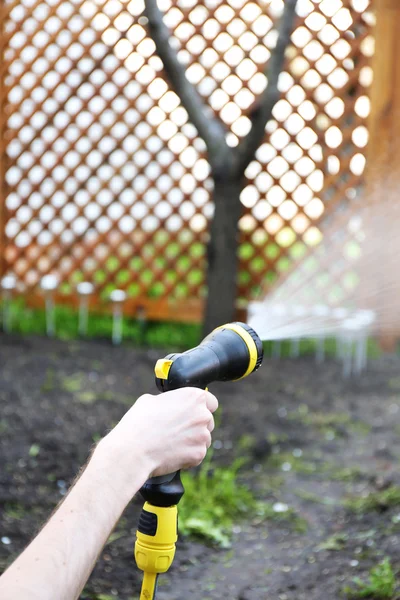 Gärtner gießt Garten — Stockfoto