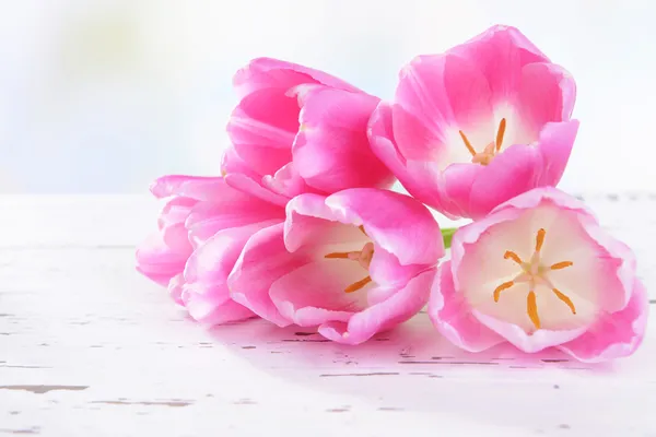 Красиві тюльпани в відрі на столі крупним планом — стокове фото
