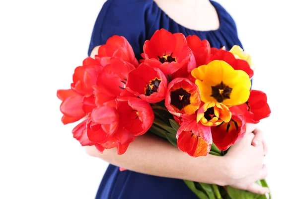 Bunte Tulpen in weiblichen Händen isoliert auf weiß — Stockfoto