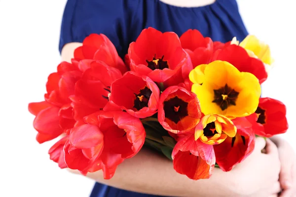 Tulipas coloridas em mãos femininas isoladas em branco — Fotografia de Stock