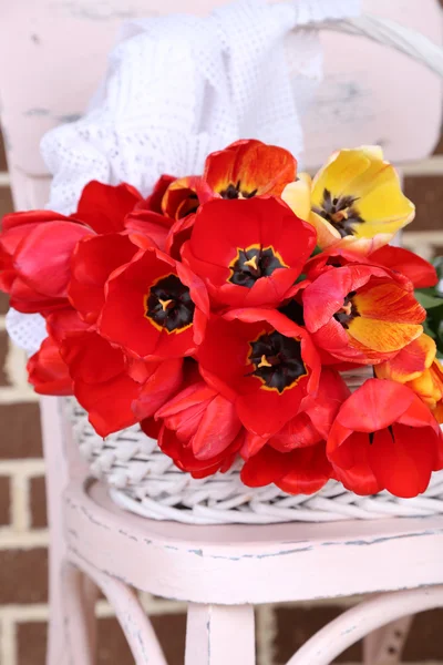 Buchet de lalele colorate în coș de răchită, pe scaun, pe fundal interior acasă — Fotografie, imagine de stoc