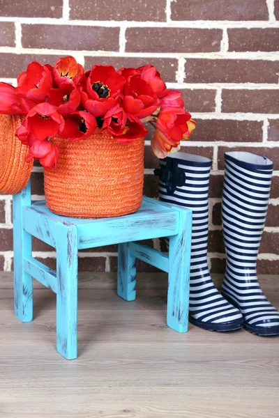 Ramo de tulipanes coloridos en canasta de mimbre, en silla, en el fondo interior del hogar — Foto de Stock