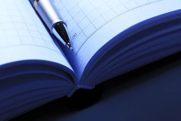 Pen on opened book, close up — Stock Photo, Image