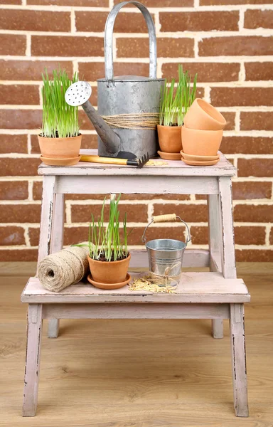 Green grass in flowerpots and gardening tools on brick wall background — Stock Photo, Image