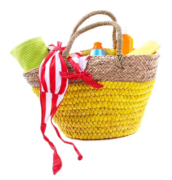 Wicker bag and swimsuit — Stock Photo, Image