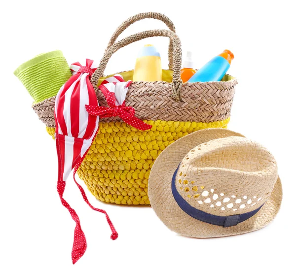 Wicker bag and swimsuit — Stock Photo, Image