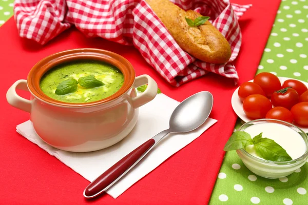 Tasty soup in saucepan — Stock Photo, Image