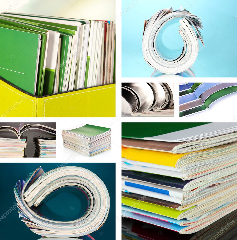 Collage of colorful magazines close-up