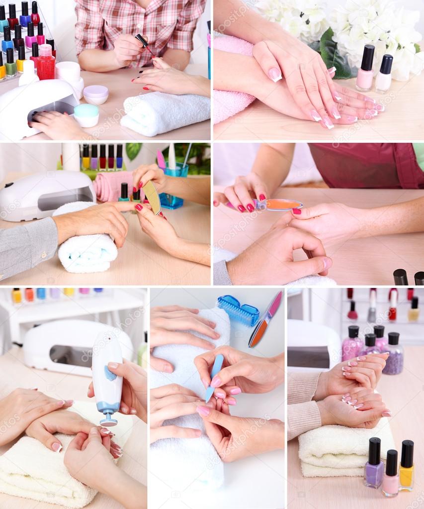 Collage of manicure process in salon
