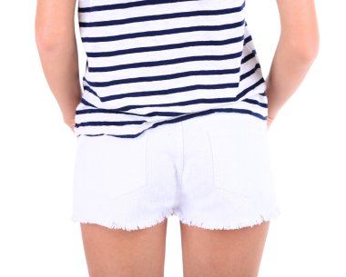 şort ve tişört, yakın çekim, izole üzerinde beyaz genç kız güzel