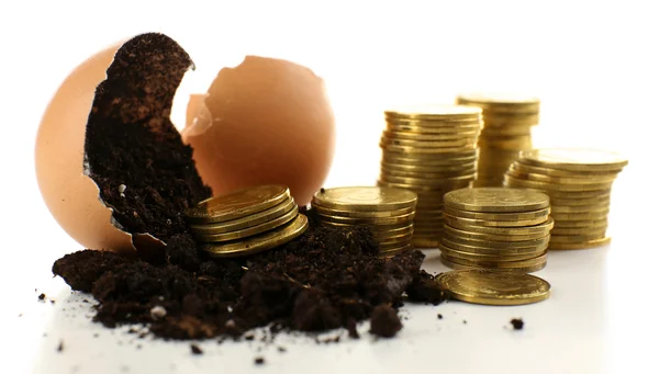 Coins and eggshell with soil isolated on white — Stock Photo, Image