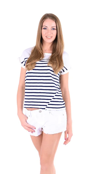 Beau short jeune fille et t-shirt isolé sur blanc — Photo