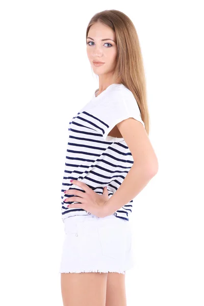 Bella ragazza pantaloncini e t-shirt isolato su bianco — Foto Stock