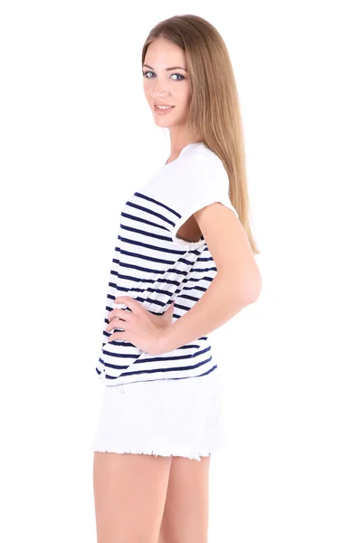 Bella ragazza pantaloncini e t-shirt isolato su bianco — Foto Stock