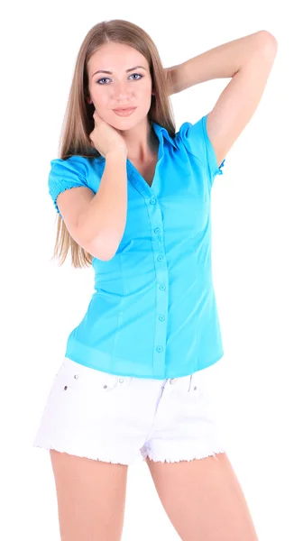 Hermosa joven en pantalones cortos y camiseta aislada en blanco — Foto de Stock