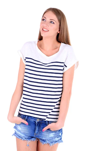 Schöne junge Mädchen in kurzen Hosen und T-Shirt isoliert auf weiß — Stockfoto