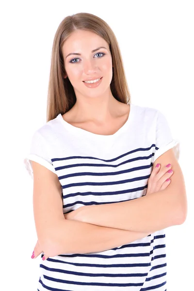 Schöne junge Mädchen in kurzen Hosen und T-Shirt isoliert auf weiß — Stockfoto