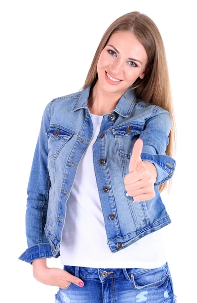 Menina bonita em shorts, jaqueta e t-shirt isolada em branco — Fotografia de Stock