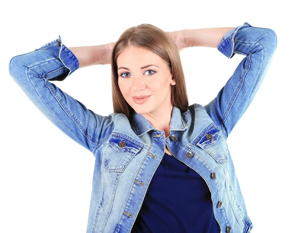 Menina bonita na jaqueta e t-shirt isolada no branco — Fotografia de Stock