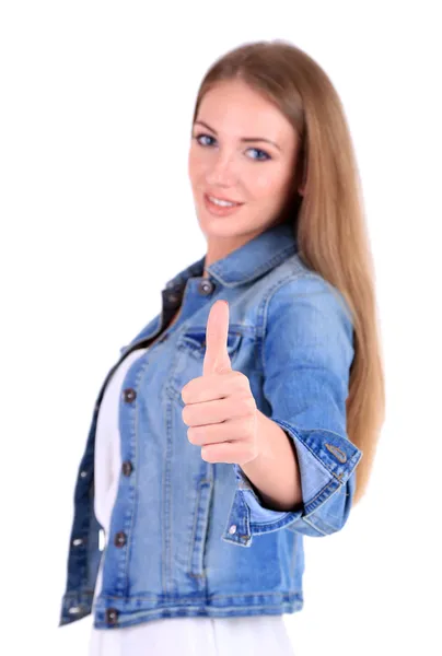 Portrait de belle jeune fille en jupe, veste et t-shirt isolé sur blanc — Photo