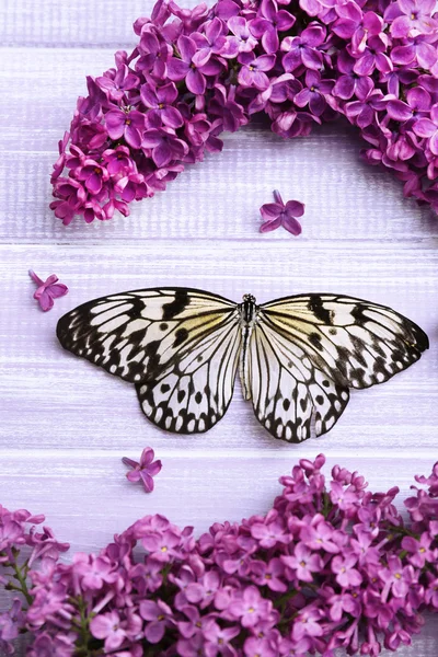 美しい蝶と木製の背景上のライラック色の花 — ストック写真
