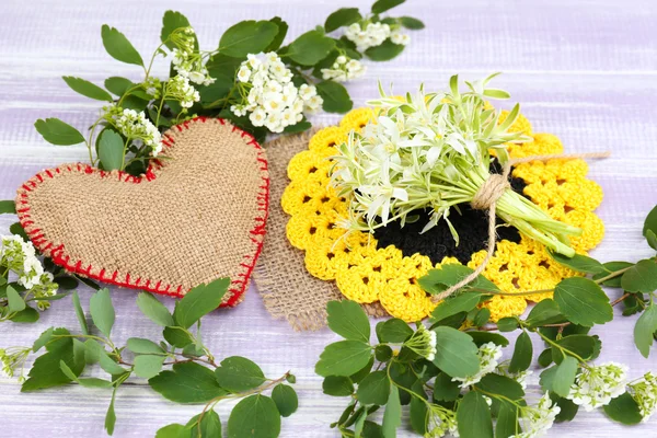 Beautiful spring wildflowers, on wooden background — Stock Photo, Image