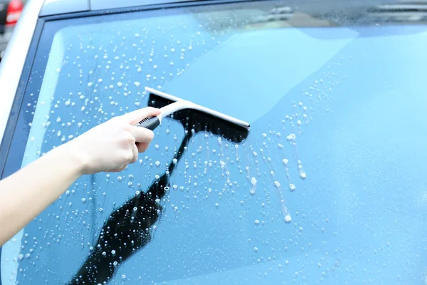 Hand washing car window — Stock Photo, Image