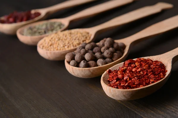 Different spices in spoons on wooden background — Stock Photo, Image