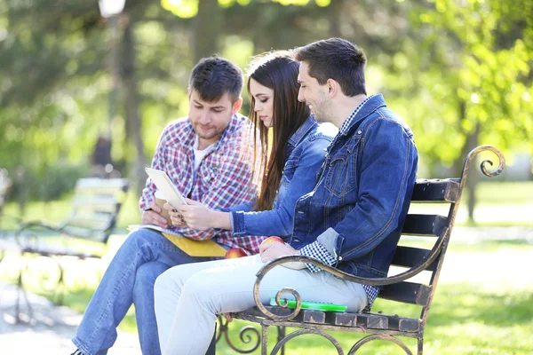 Glückliche Studenten sitzen im Park — Stockfoto