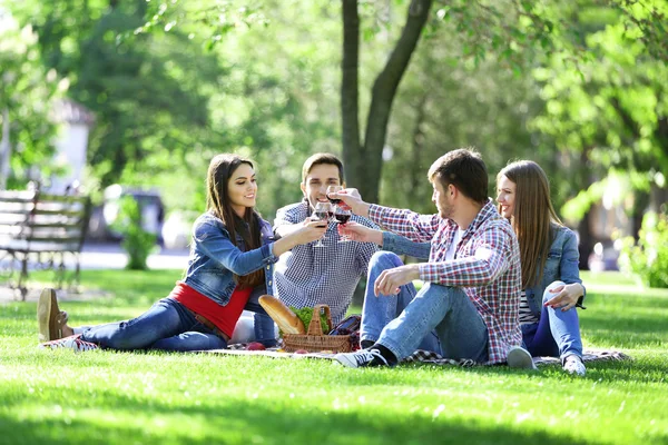 Счастливые друзья на пикнике в парке — стоковое фото