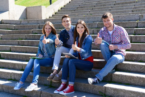 Zadowoleni uczniowie siedzący na schodach w parku — Zdjęcie stockowe