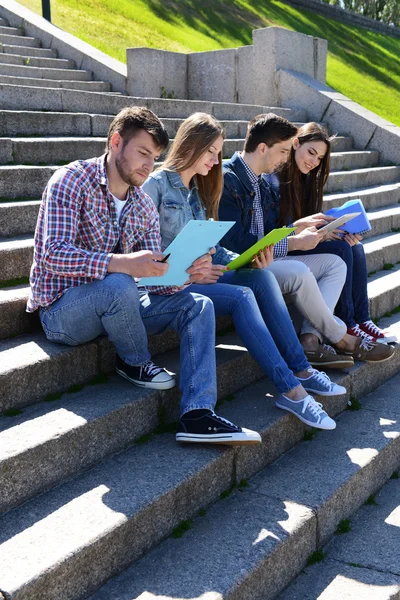 Happy students sitting on stairs in park — Stock Photo, Image