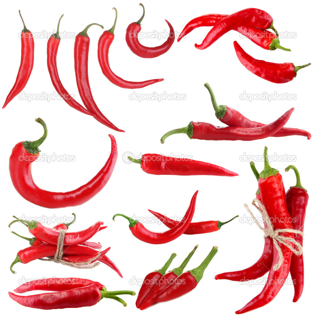 Red hot chili pepper collage, isolated on white