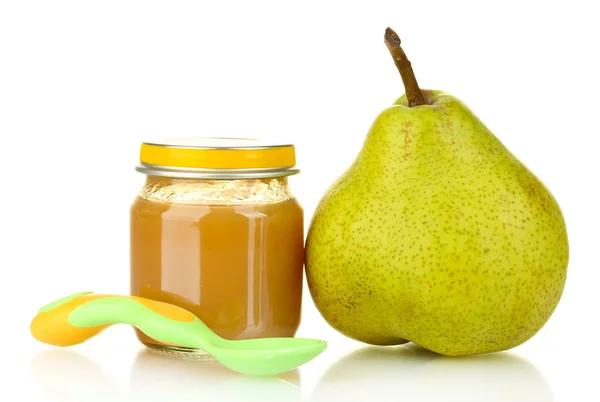 Frascos con fruta para bebés y pera aislados en blanco —  Fotos de Stock