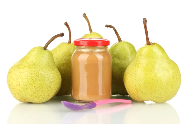 Frascos con fruta para bebés y peras aisladas en blanco — Foto de Stock