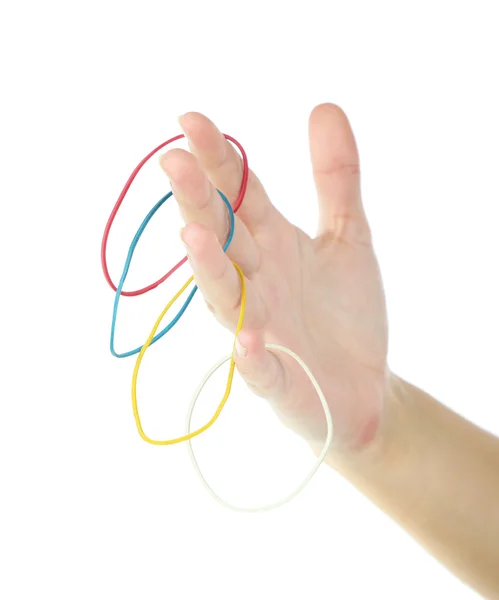 Elastic band on hands, isolated on white — Stock Photo, Image