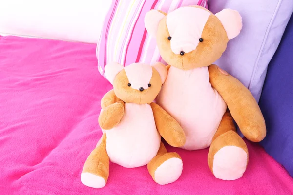 两只熊玩具，坐在沙发上的枕头 — 图库照片