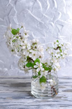 tabloda gri arka plan üzerine kavanoz içinde güzel meyve çiçeği