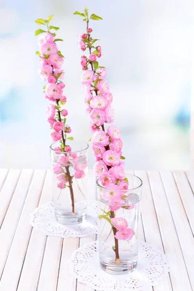 Beautiful fruit blossom in glass on table on light background — Stock Photo, Image