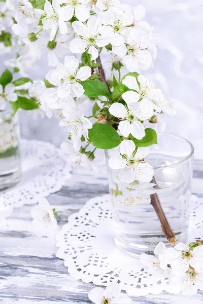 Vacker frukt blossom i glas på bordet på grå bakgrund — Stockfoto