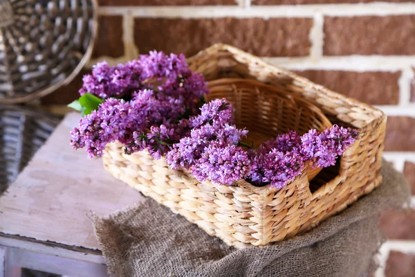 Lindas flores lilás na cesta de vime, na escada de madeira, no fundo da parede de cor — Fotografia de Stock