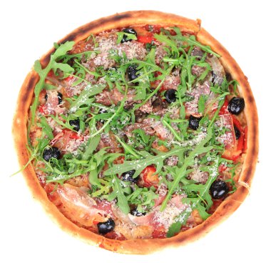 Pizza üzerinde beyaz izole roka ile