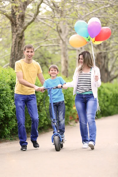 Счастливая семья, прогулка в парке — стоковое фото